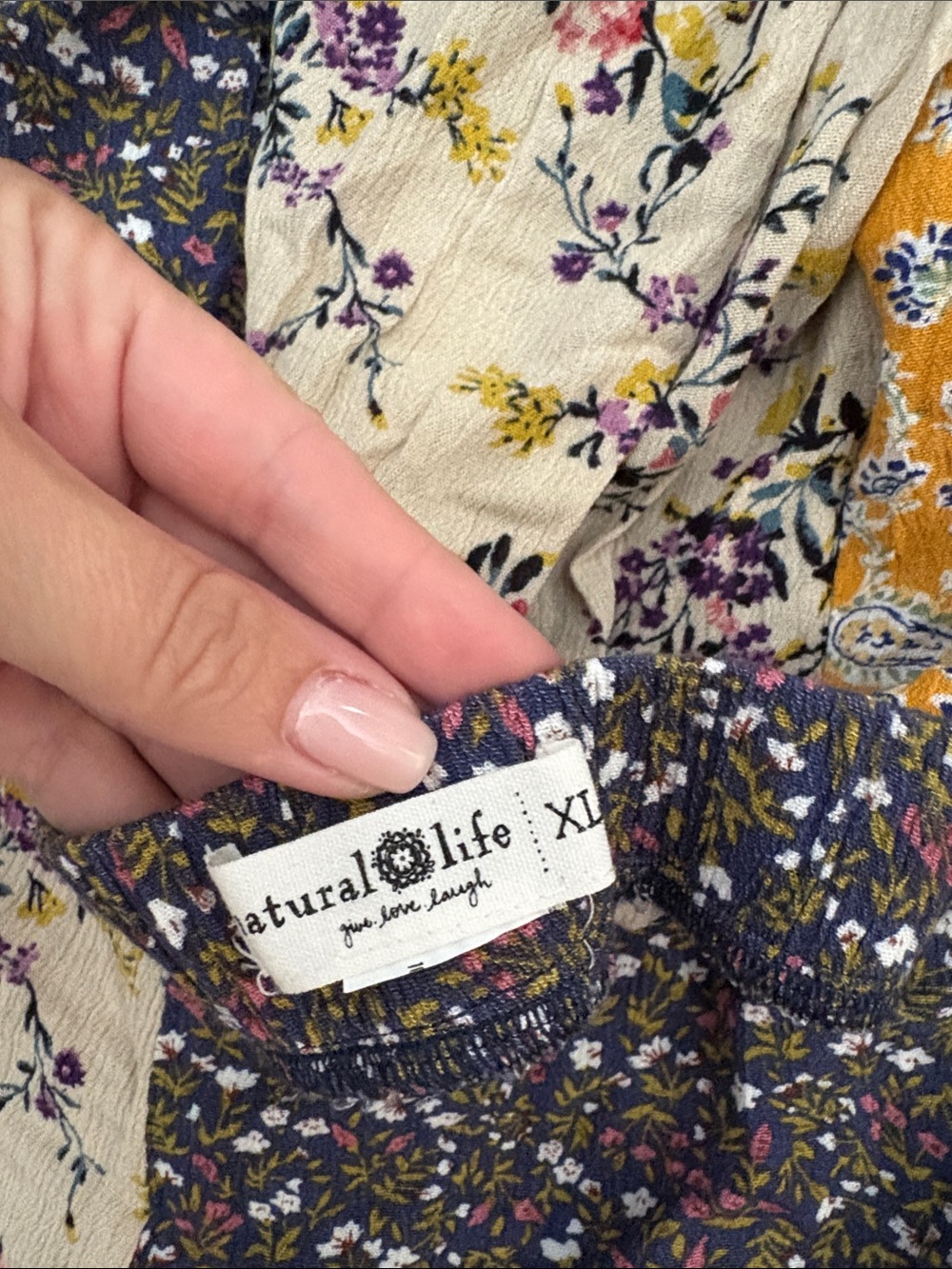 Natural Life Boho Floral Patchwork Midi Skirt Yellow Blue Size XL A-line - Picture 3 of 3